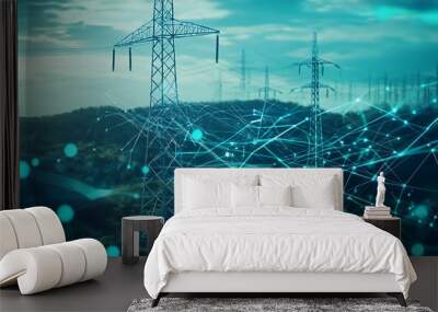 Electricity towers with a digital network overlay, a blue sky with white clouds in the background. Wall mural