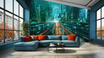 Futuristic cityscape with glowing neon lights and a highway in the middle. Wall mural