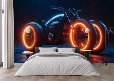 Futuristic motorcycle with glowing orange wheels on a dark background. Wall mural