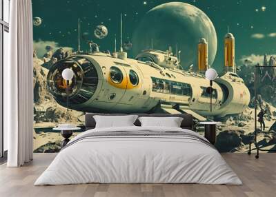 Futuristic spaceship landing on a rocky alien planet with two astronauts and a large moon in the background. Wall mural