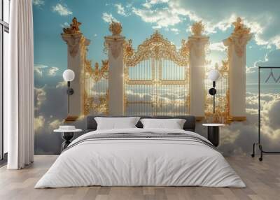 Golden gate to heaven with clouds and blue sky. Wall mural