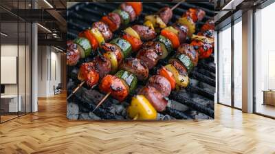 Grilled skewers featuring colorful vegetables and meat on a barbecue grill. Wall mural