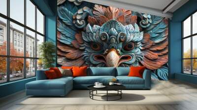 Intricate carving of a bird surrounded by ornate foliage, showcasing artistic craftsmanship. Wall mural