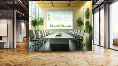 Modern conference room with a large screen displaying data and greenery. Wall mural