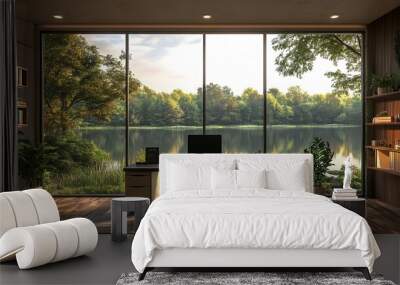 Modern home office with a large window overlooking a lake and forest. Wall mural