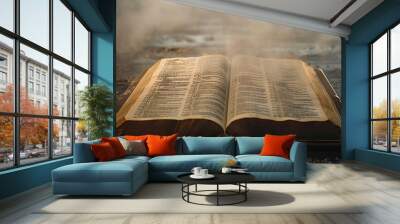 Open old book with smoke and light on wooden surface. Wall mural