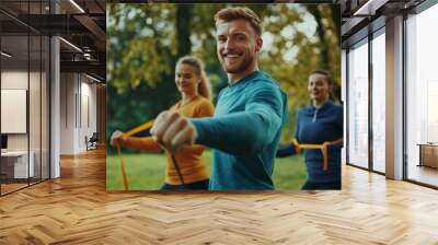 Smiling man doing a resistance band workout with two women outdoors in a park. Wall mural