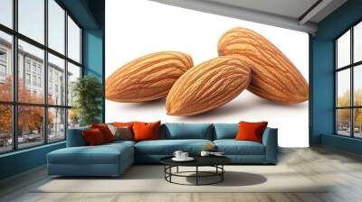 Three whole almonds, unpeeled, with a light brown color and a textured surface, isolated on a white background. Wall mural