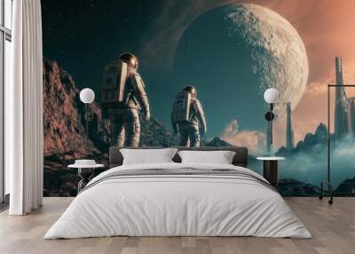 Two Astronauts Gaze Upon a Distant City on an Alien World Wall mural