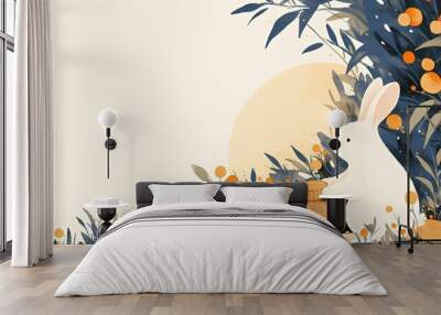 Two bunnies enjoying mooncakes in a forest setting with a full moon in the background. Wall mural