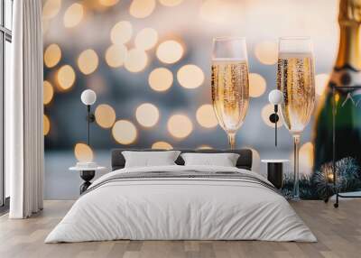 Two champagne flutes filled with bubbly and a bottle of champagne in front of a blurry bokeh background. Wall mural