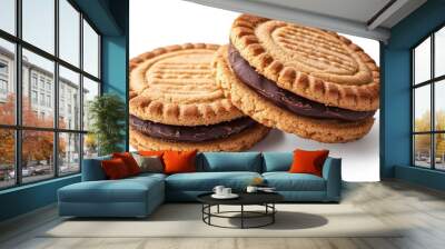 Two chocolate filled sandwich cookies isolated on white background. Wall mural