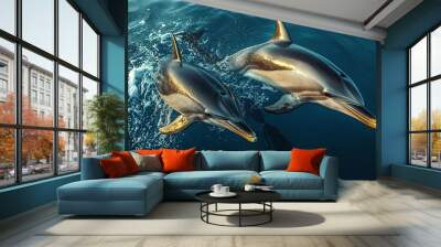 Two dolphins swimming gracefully in clear blue water. Wall mural