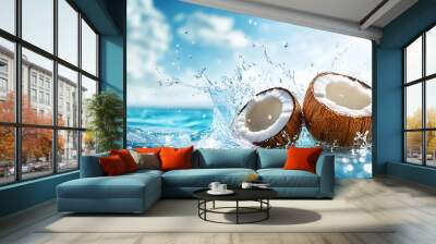 Two halves of a coconut splash into the ocean water, creating a large spray. Wall mural