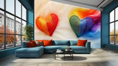 Two rainbow-colored heart-shaped pillows on a white fabric background. Wall mural