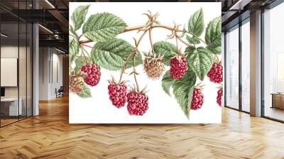 Watercolor illustration of a raspberry branch with red ripe raspberries and green leaves isolated on white background. Wall mural