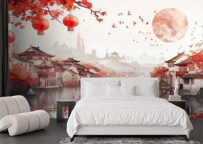 Watercolor painting of an Asian village with red lanterns, a full moon, and a river. Wall mural