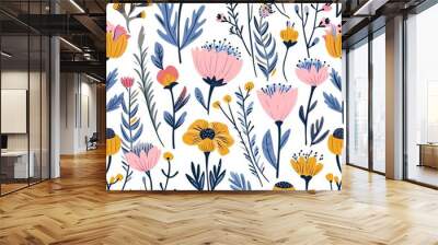 Whimsical HandDrawn Floral Seamless Pattern with Pink Yellow and Blue Flowers Wall mural