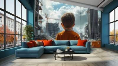 Young boy stands with his back to the camera, looking at a large construction site with several high-rise buildings being built. Wall mural