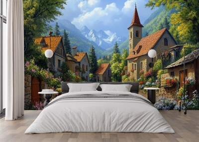 A picturesque village nestled in a valley with a stone church and colorful flowers. Wall mural