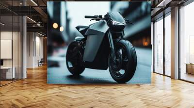 A sleek, futuristic electric motorcycle parked on an urban street. Wall mural