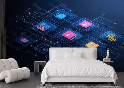 Abstract blue background with colorful icons and glowing lines. Wall mural