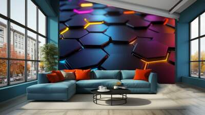 Abstract hexagonal pattern with glowing neon lights in blue, yellow, and pink. Wall mural