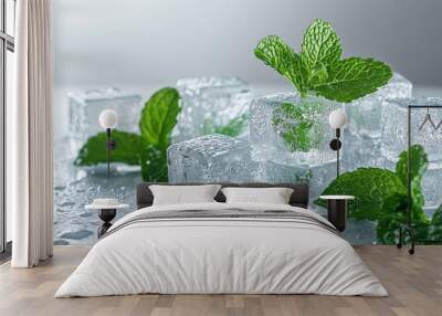 Close-up of ice cubes with fresh mint leaves and water droplets on a white background. Wall mural