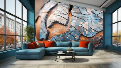 Closeup of a cracked and weathered metal sphere with blue and orange hues. Wall mural