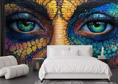 Colorful street art of a woman's face on brick wall with vibrant blue eyes. Wall mural