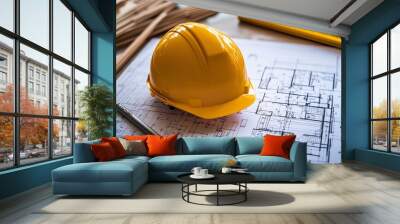 Construction hard hat on blueprint. Wall mural