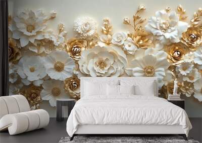 Elegant white and gold 3D floral arrangement on a cream background. Wall mural