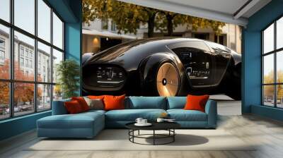 Futuristic black concept car parked on a city street with golden wheels and a digital display. Wall mural