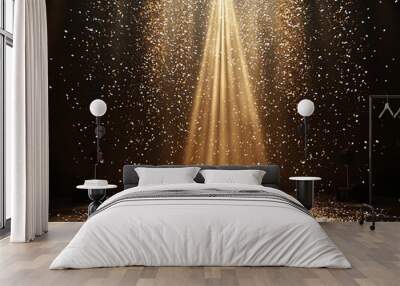 Golden confetti falls from the sky through two beams of light onto a dark floor. Wall mural