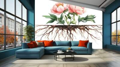 Two pink peonies with intricate root system on a white background. Wall mural