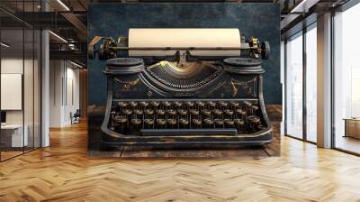 Vintage typewriter on a wooden table with a blank page ready to be typed on. Wall mural