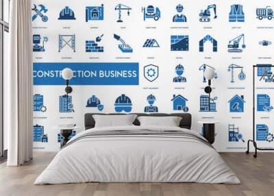 Construction Business icon set. Building, Renovation, Contracts, Construction Safety , Building Permit, Foundation Work and Plumbing Wall mural