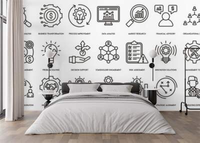 Management Consulting icon. Strategy Analysis, Business Transformation, Process Improvement, Data Analysis, Market Research, Financial Advisory, Organizational Design, and Change Management icon Wall mural