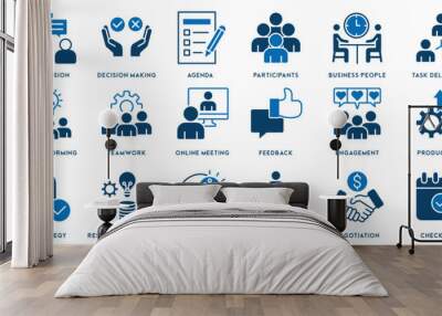 Meeting icon set. Included icons as meeting room, team, teamwork, presentation, idea, brainstorm and more. Wall mural