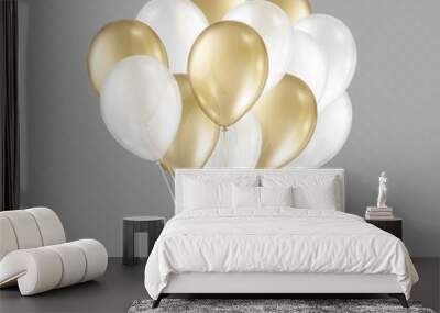 Balloons isolated on transparent background. Vector realistic helium golden, glossy gold and white  birthday bunch of baloons. Wall mural