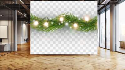 Border with green fir branches, gold lights isolated on transparent background. Pine, xmas evergreen plants seamless banner. Vector Christmas tree garland decoration Wall mural