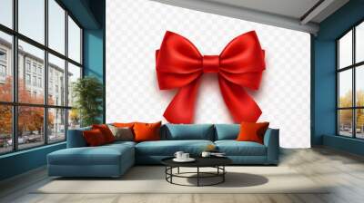 Bow isolated on transparent background. Vector Christmas red satin ribbon with shadow, xmas wrap element template. Wall mural