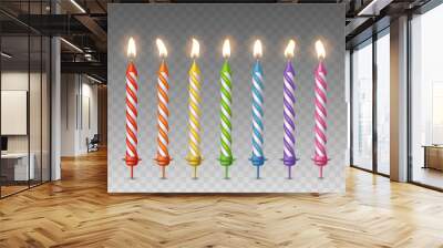 Candles with burning fire flame for birthday cake isolated on transparent background. Vector 3d realistic color candlelight elements set Wall mural