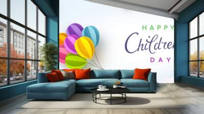 Children's Day postcard with flying balloons bunch and child on blue sky background. Vector 3d paper colorful ballons special cartoon kids poster template Wall mural