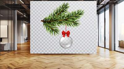 Christmas tree ball with red ribbon and green fir branche isolated on transparent background. Vector glass xmas ornament, pine evergreen plant element template Wall mural