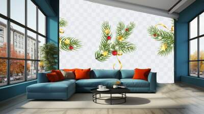 Fir branches with gold stars, lights isolated on transparent background. Pine, xmas evergreen plants elements. Vector Christmas tree green decoration set. Wall mural