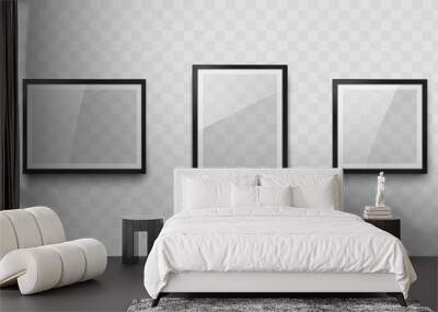 Frames mockup template isolated on transparent wall background. Realistic blank picture or photograph border set. Vector glass black photoframes A4 format for interior artwork design.. Wall mural