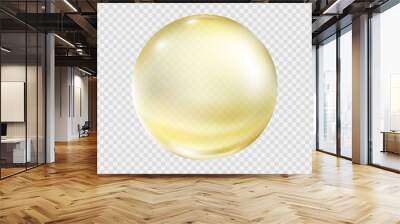 Gold bubble isolated on transparent background. Cosmetic vitamin capsule or oil pill. Golden glass ball template. Vector 3d serum collagen essence. Wall mural