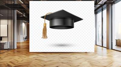 Graduate college, high school or university cap isolated on transparent background. Vector 3d degree ceremony hat with golden tassel. Black educational student icon. Wall mural