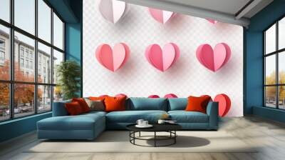 Hearts balloons set isolated on transparent background. Vector paper pink, red symbols of love template for Happy Mother's or Valentine's Day greeting card design Wall mural